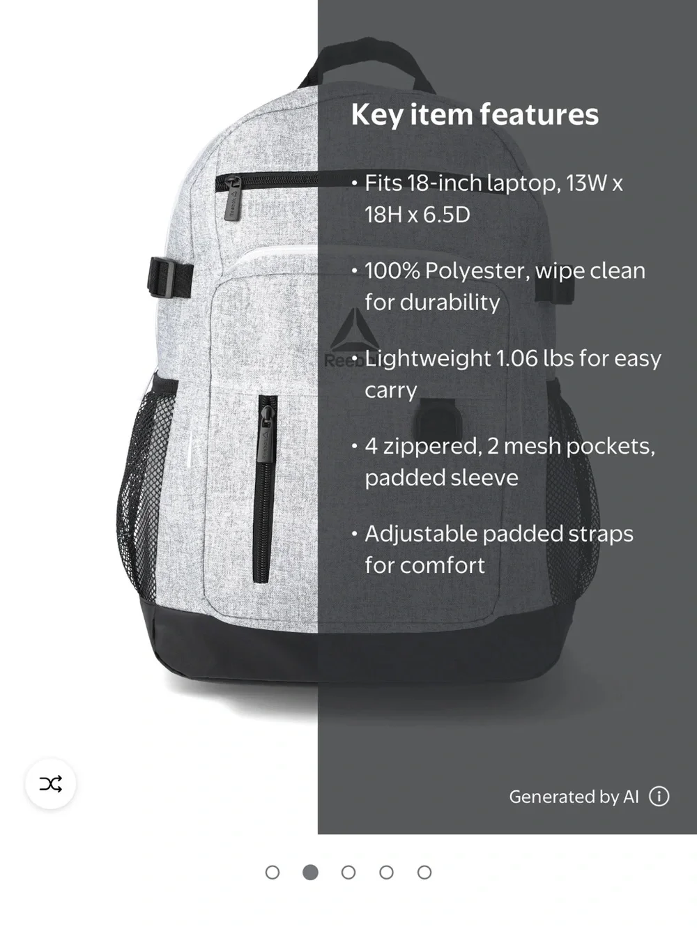 Reebok Light Gray and Black Everyday Backpack